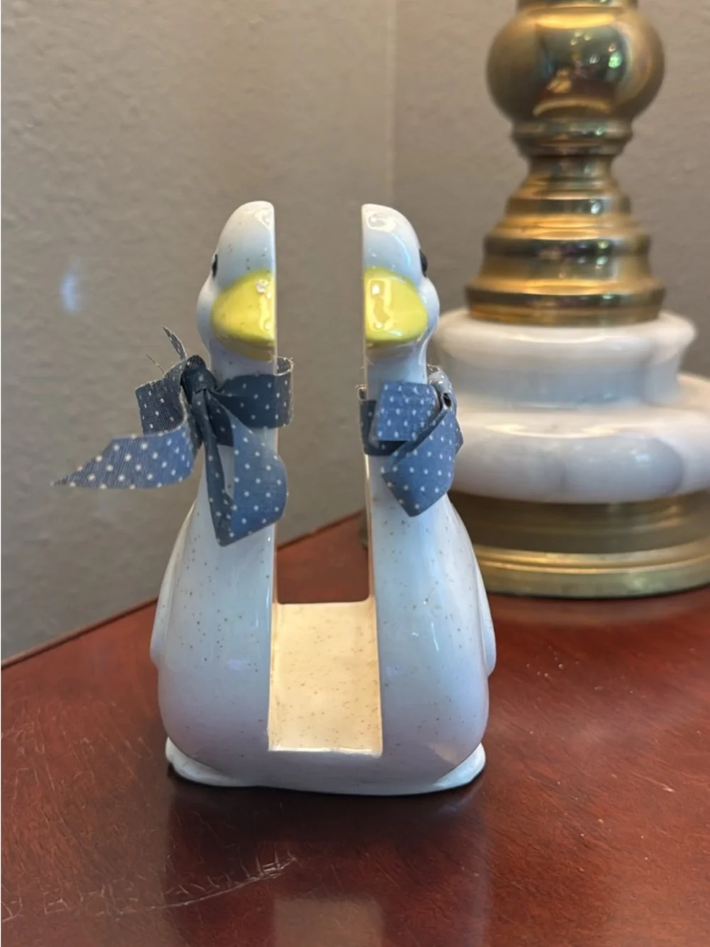 VTG Ceramic Goose Napkin Holder with Polka Dot Bow - White & Yellow